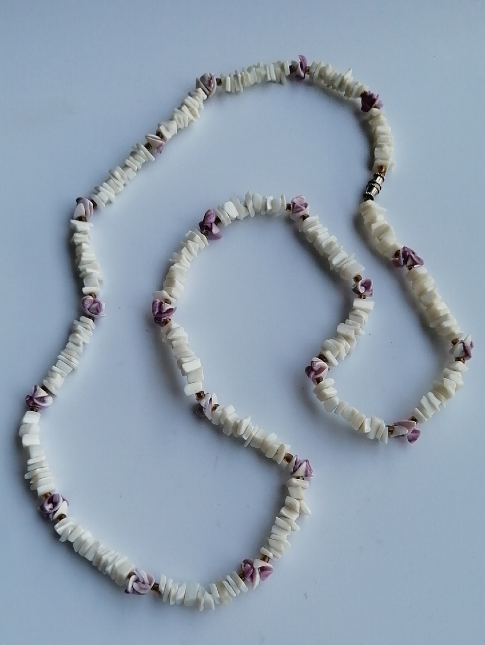 Vintage Handmade White Puka Shell Chips with Pink Lilac Shell Accents Necklace